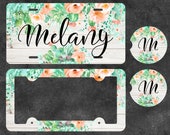 Succulent and Watercolor Floral - Coral - White Wood - Aluminum Vanity Plate - License Plate Frame - Car Coasters - Personalized