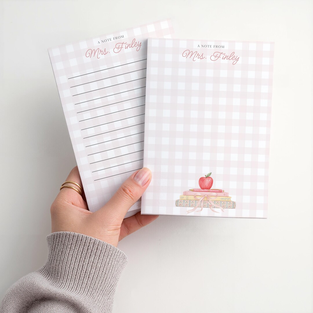 Personalized Teacher Notepad | Pink Gingham Book Pile Bow | Teacher ...