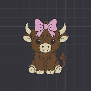 以下が含まれることがあります： 茶色の毛皮、ピンクのリボン、クリーム色の角と蹄を持つハイランド牛の漫画イラスト。牛は座っていて、笑顔の顔をしています。背景は濃い灰色のグリッドです。