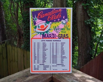Vintage 1970 Canadian Club Whisky Mardi Gras Parade Kalender Mardi Gras Werbeschild aus Pappe