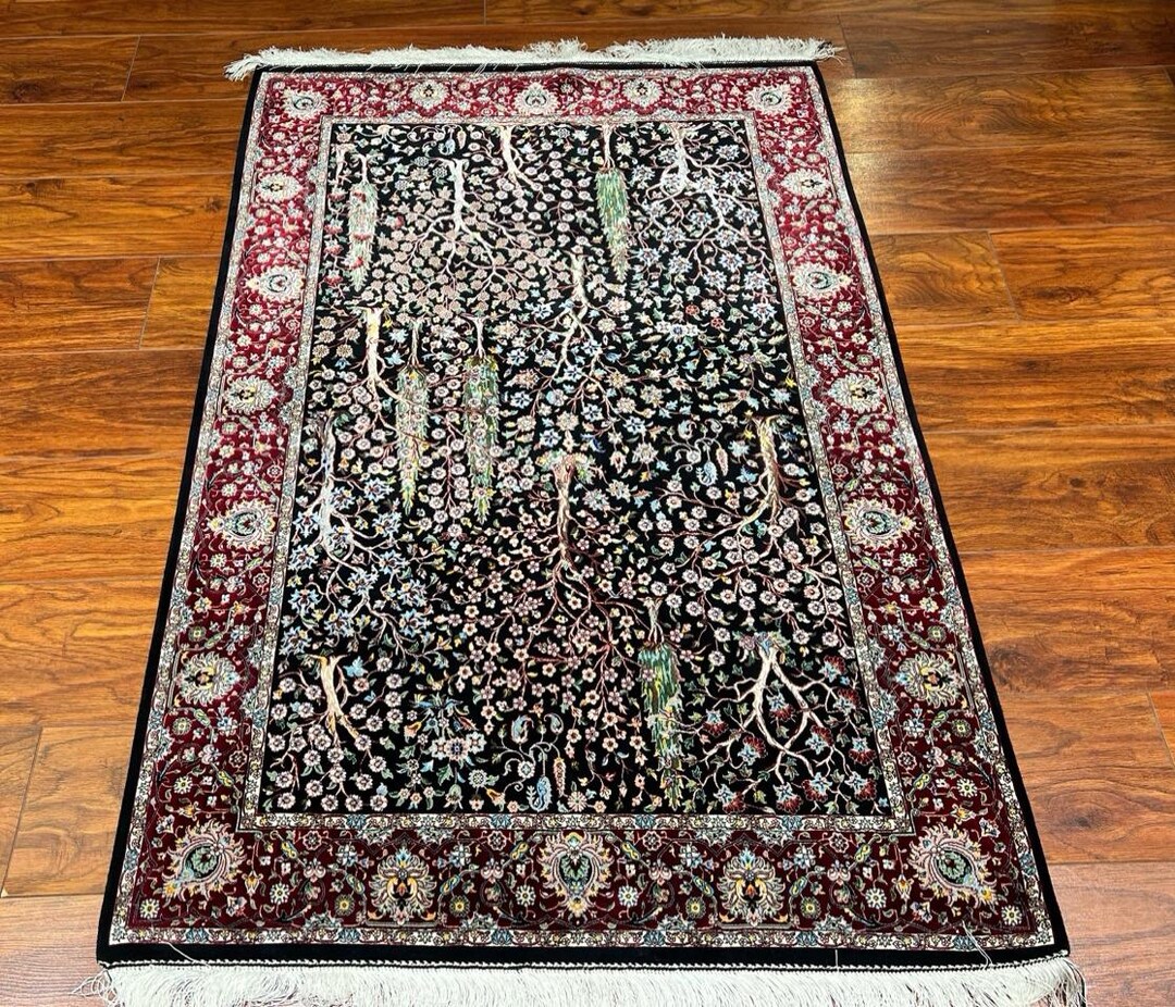 3x5 Ft, Life of Tree Silk Rug Traditional Peacocks and Floral Motif ...