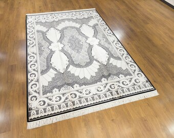 7x10 ft Black Oriental Silk Rug, Distressed Design, Silk Fringes
