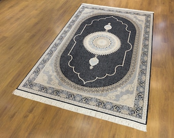5x7 ft, Black Classic Medallion Silk Rug with bamboo yarn: Oriental design carpet