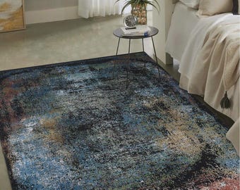 Alfombra de bambú contemporánea de 2,1 x 3 m: alfombra abstracta negra desgastada