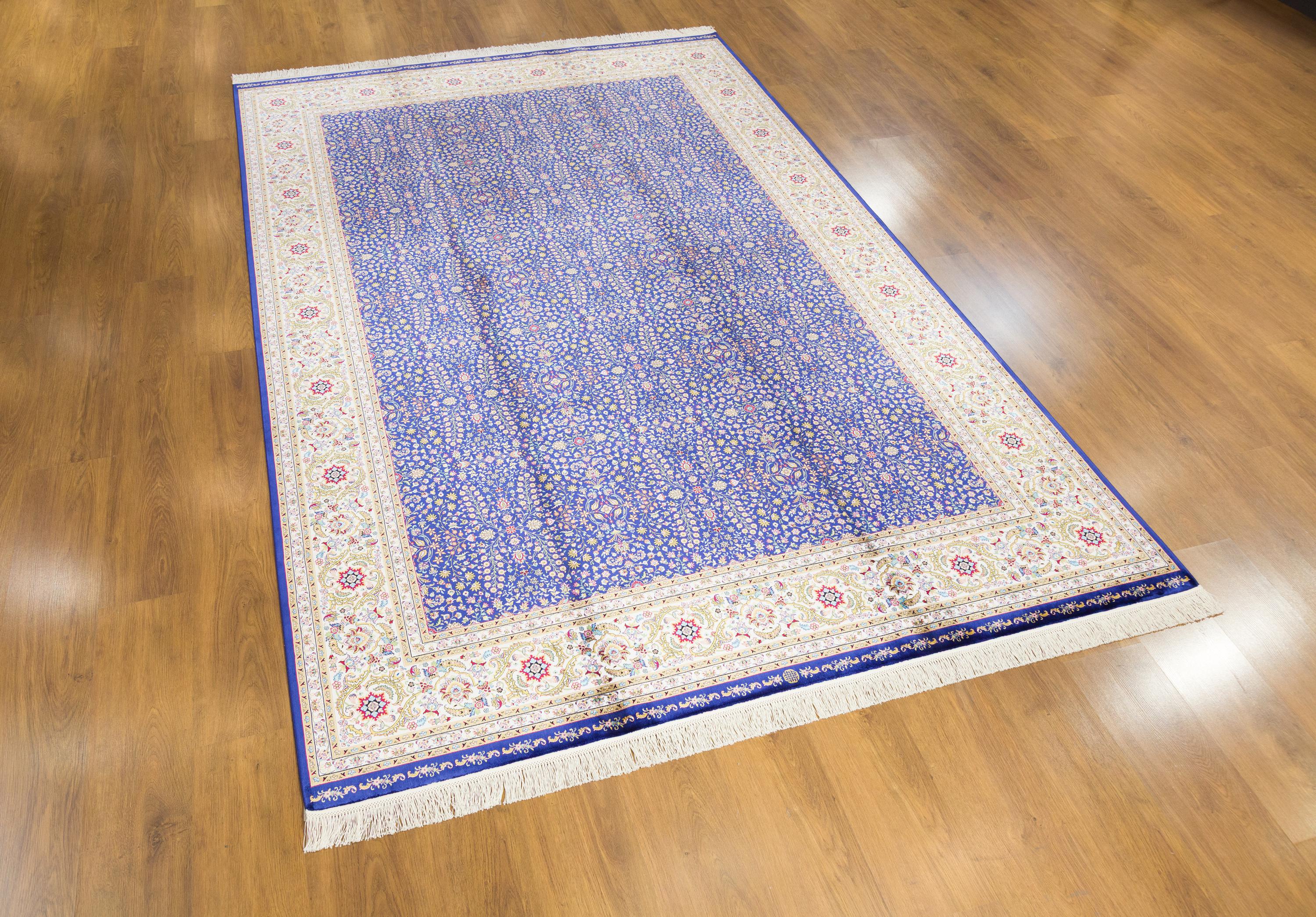 クラシックブルー竹ラグ：フリンジ付きオリエンタルブルー高級