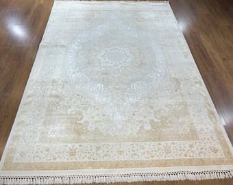 Alfombra clásica de bambú con medallón beige de 7 x 10 pies y flecos finos
