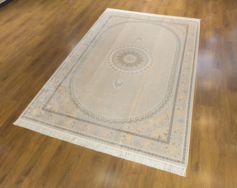Alfombra de seda clásica oriental con medallón de 2,1 x 3 metros (7 x 10 pies), color beige, confeccionada con hilo de viscosa.