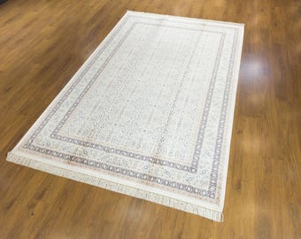 7x10 ft, Classic Blue Silk Rug: Oriental blue fine carpet with Fringes