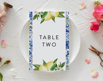 Italy Wedding Table Number Printable Editable Instant Download 044 Positano Blue Tiles Wedding Italian Lemon Table Number Template