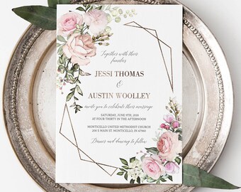 Printable Wedding Invitation Set, Floral Watercolor, Geometric Wedding Invites, Outdoor Wedding, Marsala Invitation, Vintage Wedding, Roses