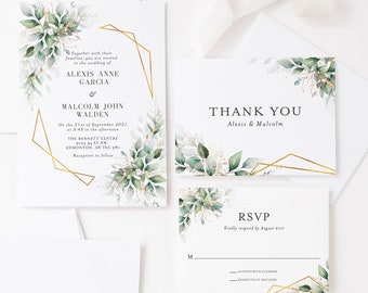 Greenery Wedding Invitation, Printed Wedding Invitations, Floral Wedding, Gold Invites
