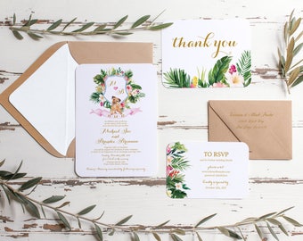 Destination Wedding Invitation Suite, Printable Wedding Invites, Tropical Wedding Invitations, Wedding Invite with crest and dog