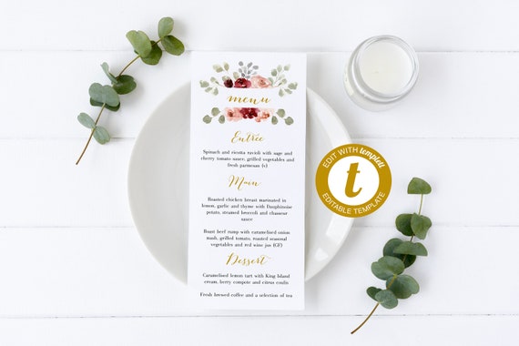 Wedding Menu Printable Menu Card Diy Wedding Menu Fall Wedding