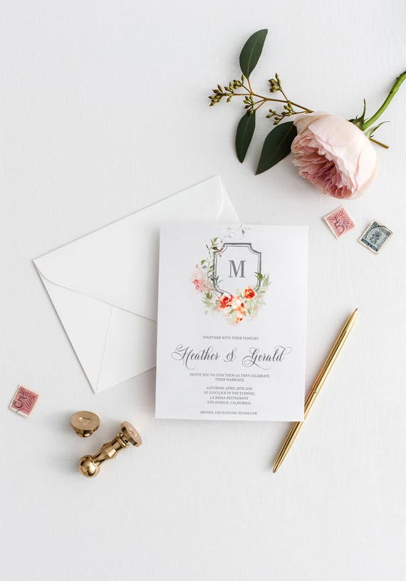 Floral Watercolor Crest Red Wedding Invitation Template Printable