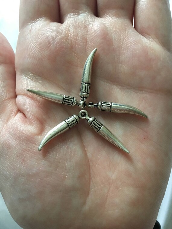 4 Shark tooth charms antique silver tone A421