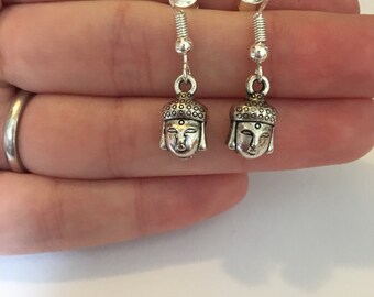 Buddha head silver plated hook earrings jewellery, tibetan silver charm, dangle earrings.