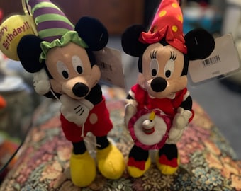 Disney World Happy Birthday Mickey and Minnie Plush with stands.