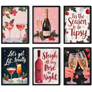 Conjunto de impresiones "Christmas Cheers" / Póster de 6 cócteles / Decoración navideña para carrito de bar / Letrero navideño de cócteles / Galería navideña / Arte mural imprimible