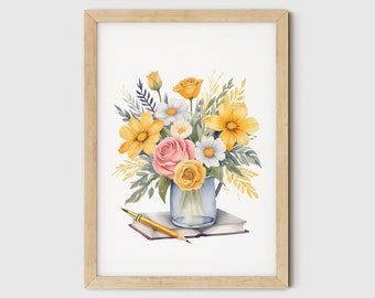 Lámina artística de acuarela con flores amarillas, bodegón floral (descarga digital)