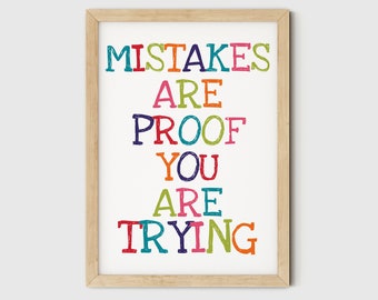 Mistakes Are Proof That You Are Trying Sign, Mistake Poster Printable Instant Download, Classroom Decor, Kids Room Print Digital Art, Quote