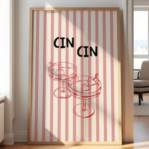 Cin cin カクテルポスター 乾杯のプリント バーカートの装飾 デートの夜をアートで乾杯 トレンディなストライプアート キッチンの印刷可能な壁アート デジタルプリント