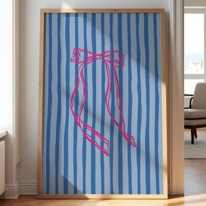 Pink bow wall art, Trendy coquette print, Girly wall art, Preppy stripe poster, Blue bow wall art, Dopamine decor printable, Digital print