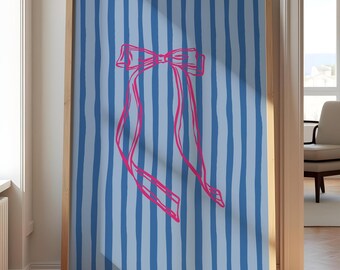 Arte de parede com laço rosa, Estampa de coquete moderna, Arte de parede feminina, Pôster listrado elegante, Arte de parede com laço azul, Decoração com dopamina para impressão, Impressão digital