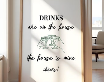 Impresión de bebidas por cuenta de la casa / Letrero de barra libre / Decoración divertida de carrito de bar / Impresiones de carrito de bar / Arte de pared de cocina / Arte de pared imprimible / Impresiones digitales