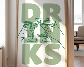 Sage green bar cart print | Cheers print | Open bar sign | Bar cart art | Trendy wall art printable | Green bar cart decor | Digital print