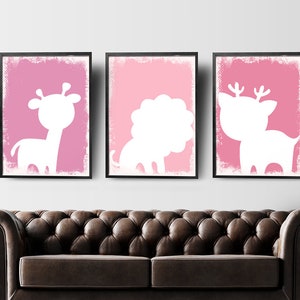 Pink nursery decor, set of 3 prints girls room decor, pink nursery wall art, animals prints, girls bedroom ideas, giraffe lion deer prints