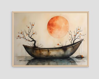 Wabi Sabi Boat Print: Japanese Zen Art for Meditation Room (Digital Download)
