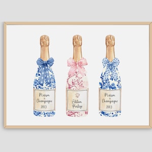 Toile de Jouy Champagner Wandkunst Blauer Chinoiserie Barwagendruck Coquette Küchendekor horizontal Girly Barwagenschild Digitaler Download Kunst
