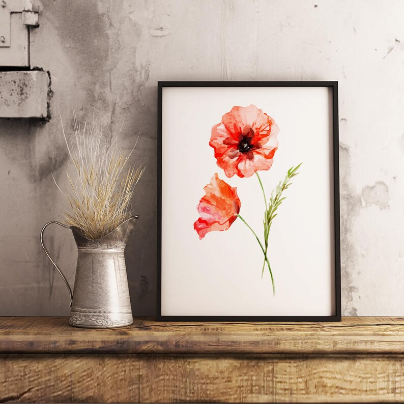 Red Poppy Wall Art Print, Botanical Print Set of 2, Red Bedroom Decor ...