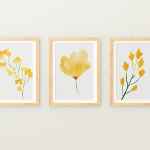 Yellow Floral Wall Art, Bedroom Wall Decor Set of 3 Prints, Botanical Prints, Yellow Flowers Print, Watercolor Minimal Decor, Poster Set