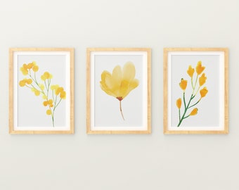 Ensemble de décor de mur de chambre à coucher de 3 impressions, téléchargement numérique floral jaune, ensemble d’impression botanique, impression d’art de fleurs jaunes, décor minimal d’aquarelle
