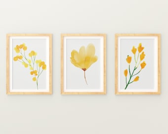 Yellow Floral Wall Art, Bedroom Wall Decor Set of 3 Prints, Botanical Prints, Yellow Flowers Print, Watercolor Minimal Decor, Poster Set