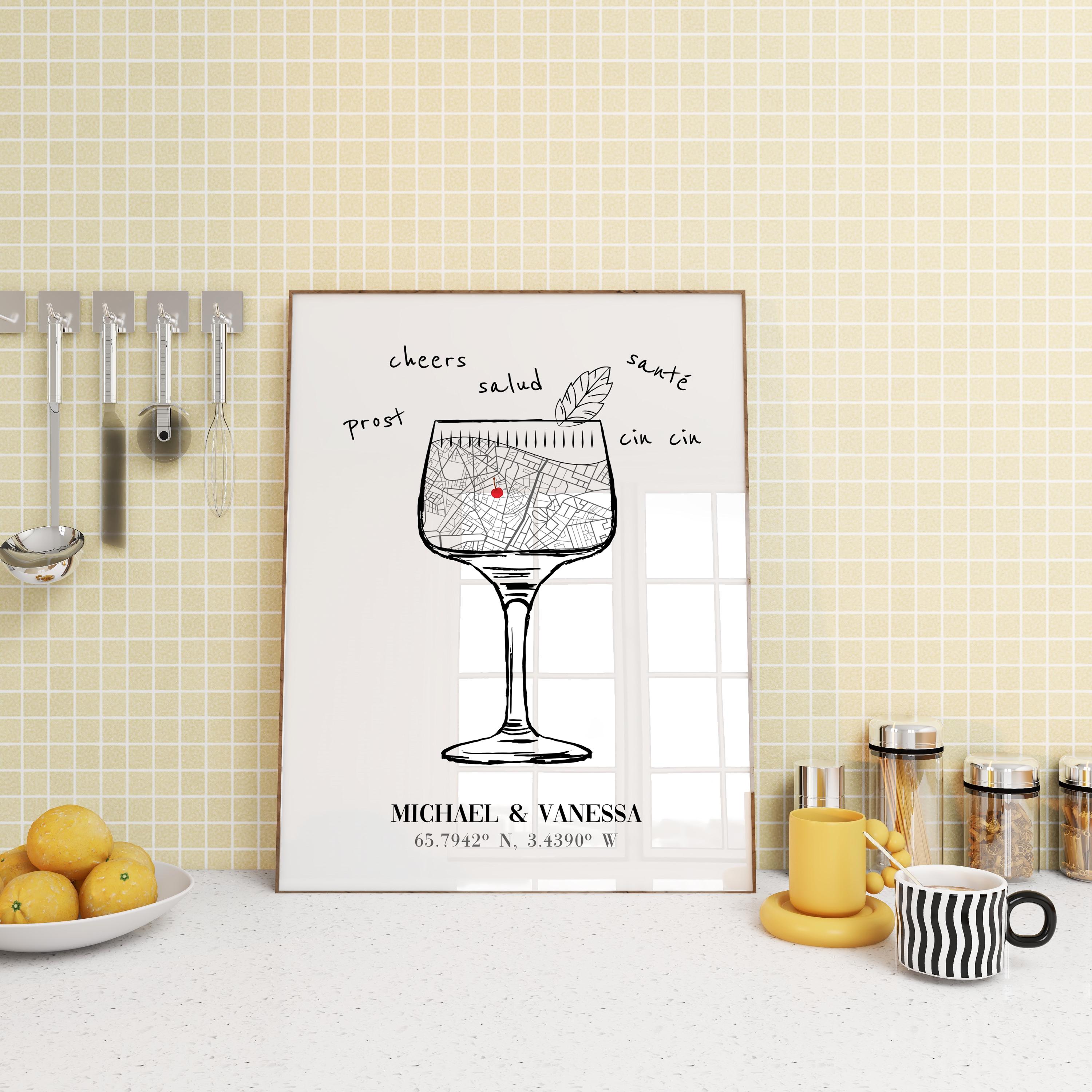 Custom Cocktail Map Print Bar Cart Wall Decor, Custom Location ...
