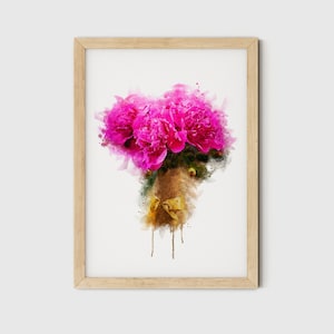 Peonies Print Wall Art, Printable Watercolor Floral Art, Peony Print Art Digital Download, Downloadable Art Prints, Pink Flowers With Vase