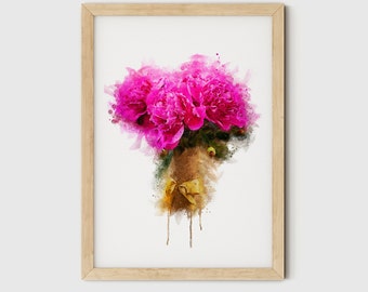 Peonies Print Wall Art, Printable Watercolor Floral Art, Peony Print Art Digital Download, Downloadable Art Prints, Pink Flowers With Vase