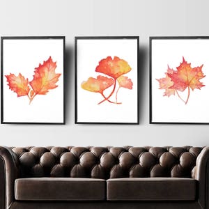 Autumn leaves set of 3, leaf and flower home decor, autumn decor, watercolor painting, fall decor, orange wall art, nursery wall decor