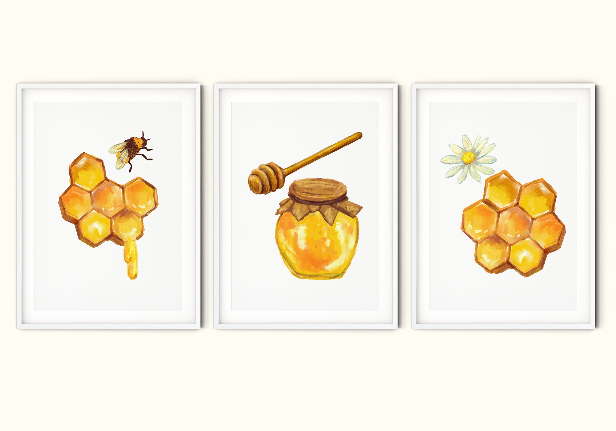 3 Prints Wall Art | Bee and Honeycomb Watercolor Wall Art Set | Kitchen ...