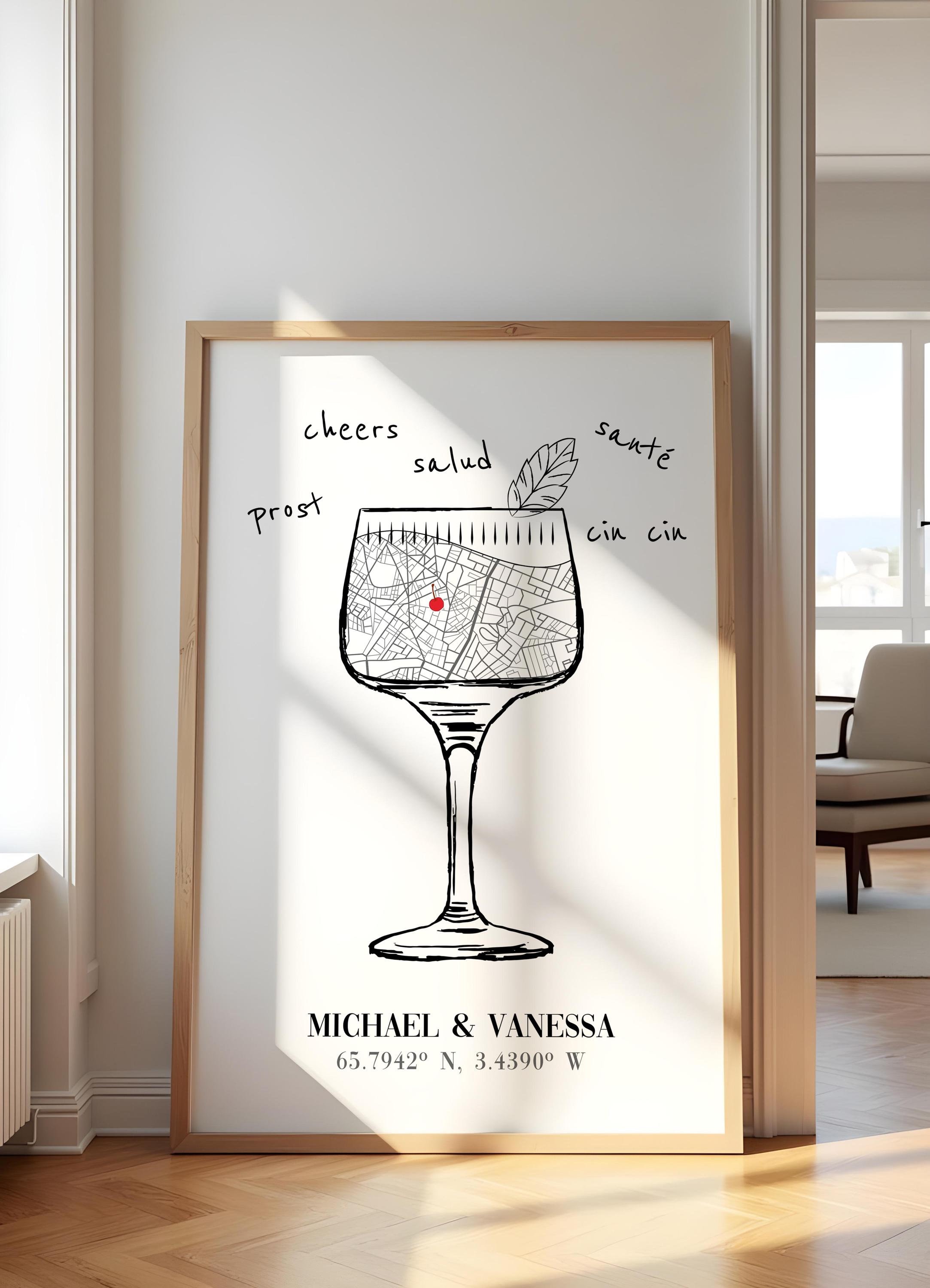 Custom Cocktail Map Print Bar Cart Wall Decor, Custom Location ...
