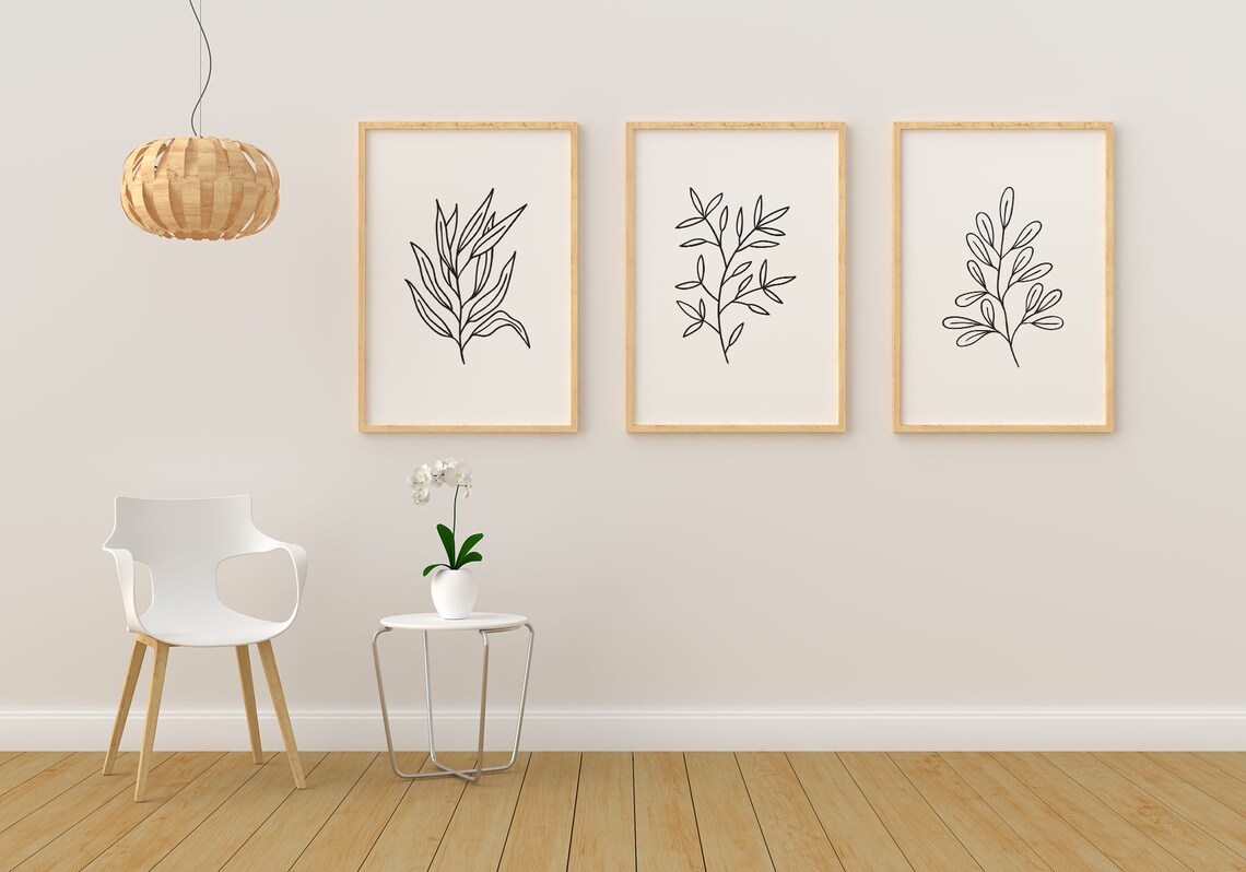 Plants Print Minimal Poster Set of 3 Wall Art Leaf Line Print | Etsy