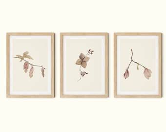 Blumen-Kunst-Set mit 3 Drucken, botanische Wandkunst Sofortiger Download, Erdton Blumendrucke, Beige Wandkunst druckbare, digitaler Download Kunst