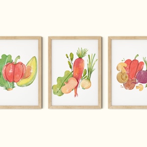 Keuken decor muur prints set van 3, plantaardige print digitale download, voedsel muur kunst set direct downloaden, afdrukbare muur kunst, keuken poster
