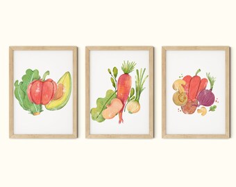 Keuken decor muur prints set van 3, plantaardige print digitale download, voedsel muur kunst set direct downloaden, afdrukbare muur kunst, keuken poster