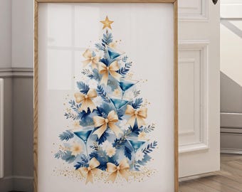 Martini Christmas Tree Print | Blue Cocktail Holiday Wall Art (Digital Print)