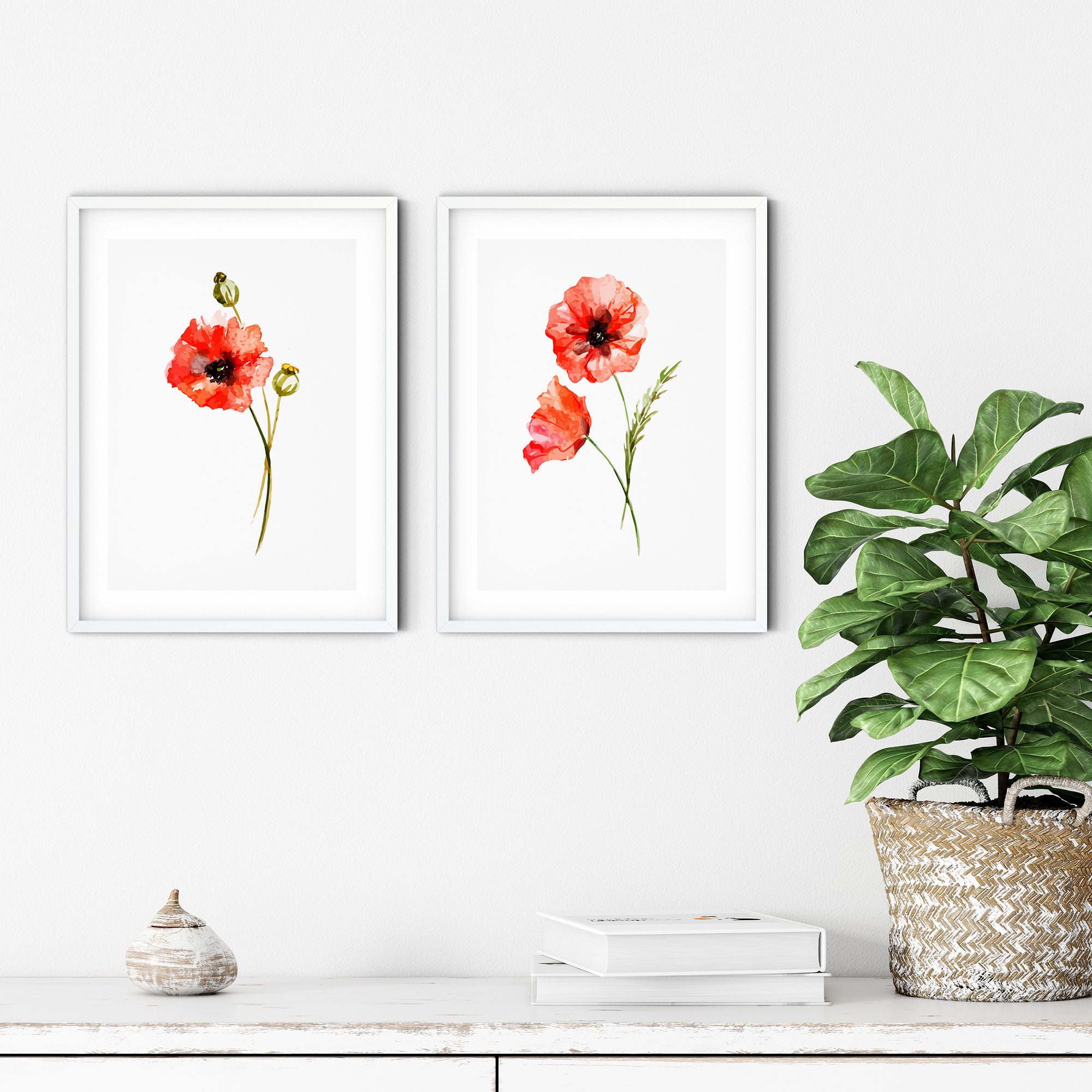 Red Poppy Wall Art Print, Botanical Print Set of 2, Red Bedroom Decor ...
