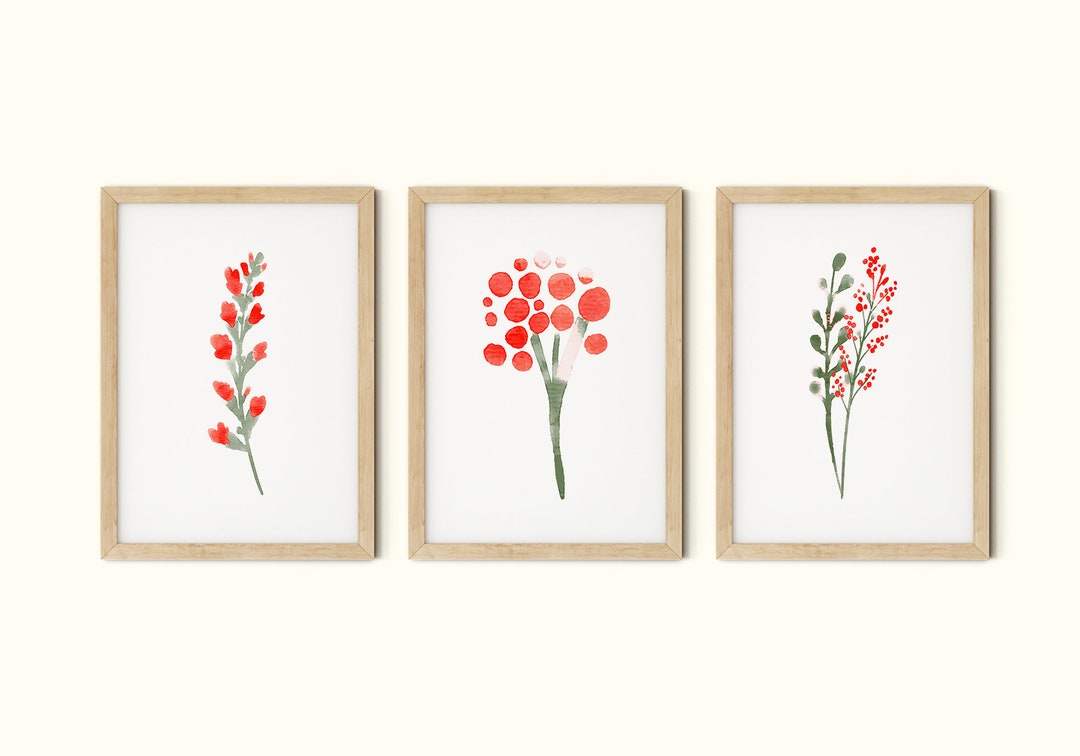 Floral Wall Art Set of 3, Red Flower Print Instant Download, Red ...