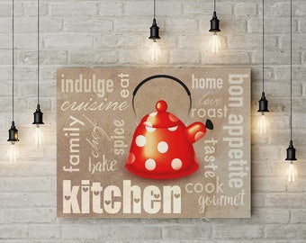 Kitchen wall decor, kitchen modern art 28"x20" print, printable kitchen art, word art print, cuisine sign, bon appetite, red teapot print